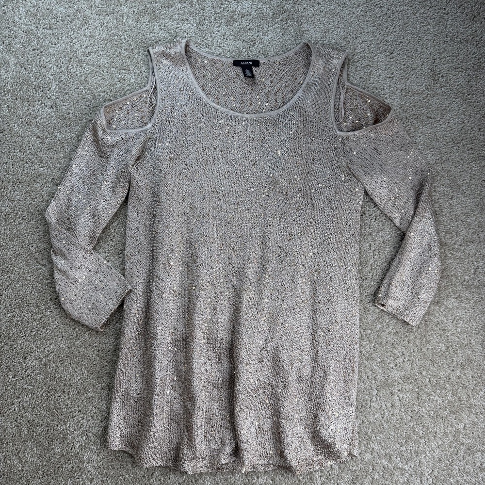Alfani Sweater Tunic Womens L Gold Sequin Cold Shoulder Scoop Neck Lined